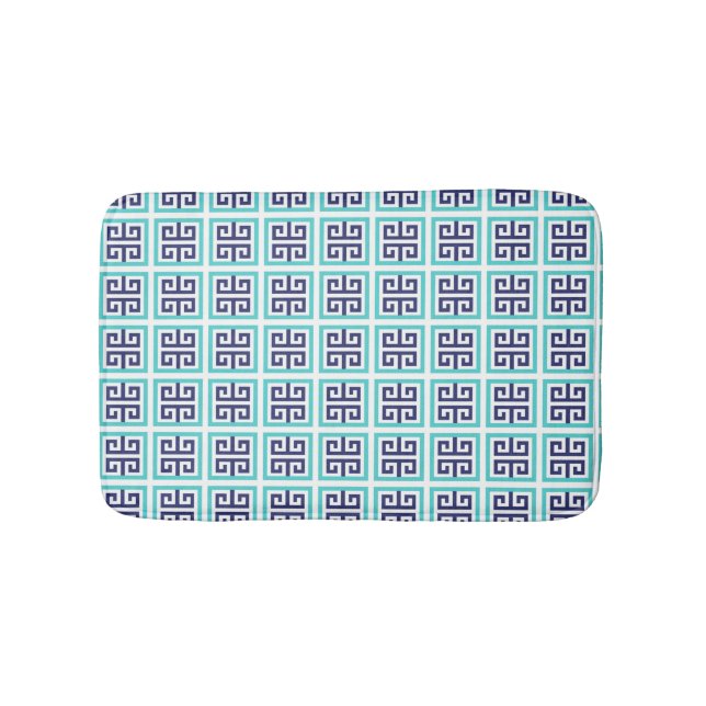 Navy Blue Aqua Turquoise Greek Key Pattern  Bath Mat (Front)