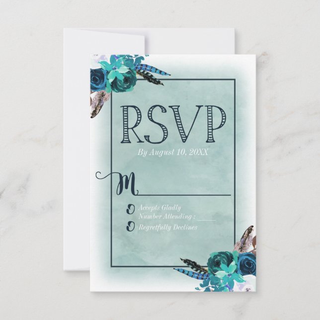 Navy Blue & Aqua Watercolor Floral Wedding RSVP (Front)