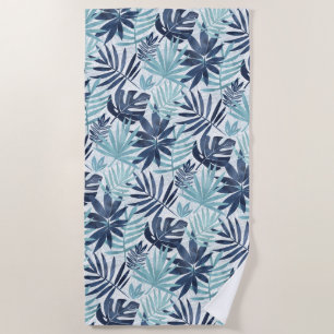 Navy Blue Aqua & White Palm Leaf Beach Towel
