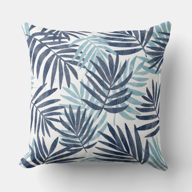 Navy Blue Aqua & White Palm Leaf Throw Pillow (Front)