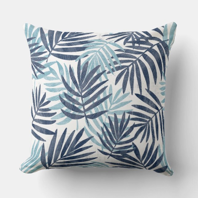 Navy Blue Aqua & White Palm Leaf Throw Pillow (Front)