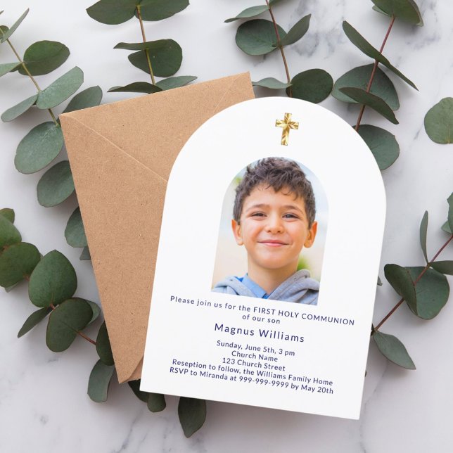 Navy blue arch photo boy First Holy Communion  Invitation (Creator Uploaded)