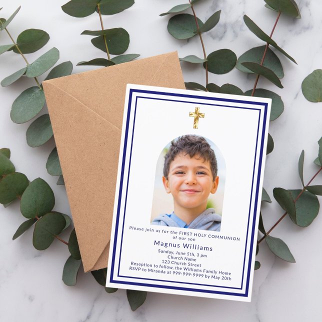 Navy blue arch photo boy First Holy Communion Invitation (Creator Uploaded)