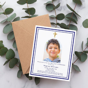 Navy blue arch photo First Communion invitation