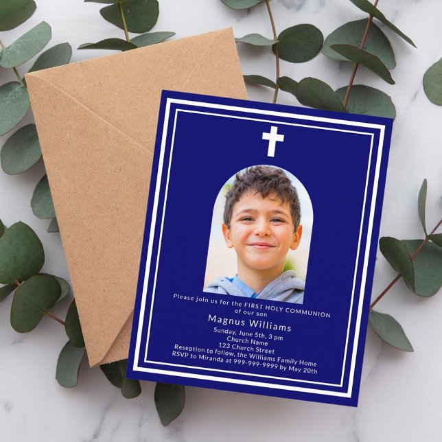 Navy blue arch photo First Communion invitation (Creator Uploaded)