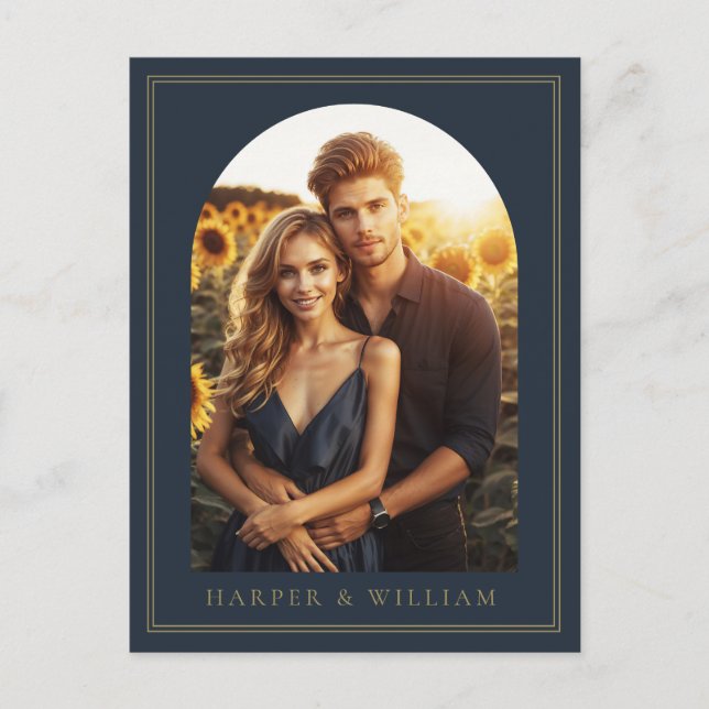 navy blue arch photo save the date postcard (Front)