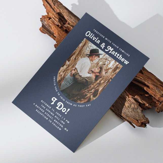 Navy blue arch photo simple retro groovy wedding invitation (Creator Uploaded)