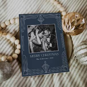 Navy Blue Art Deco Modern Photo Christmas Holiday Card
