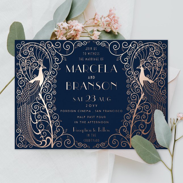 Navy Blue Art Deco Peacocks Wedding Rose Gold (Creator Uploaded)