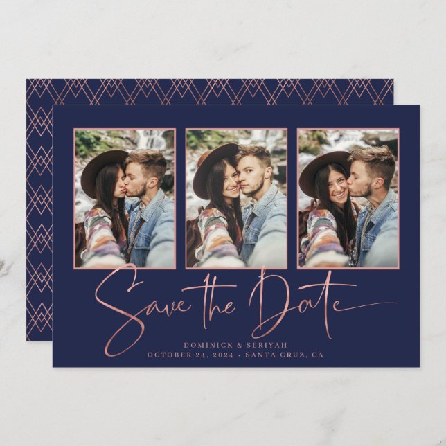 Navy Blue Art Deco Rose Gold Save the Date (Front/Back)