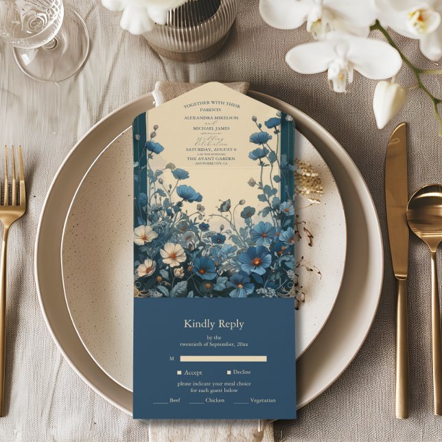 Navy Blue Art Nouveau Wedding All In One Invitation (Creator Uploaded)