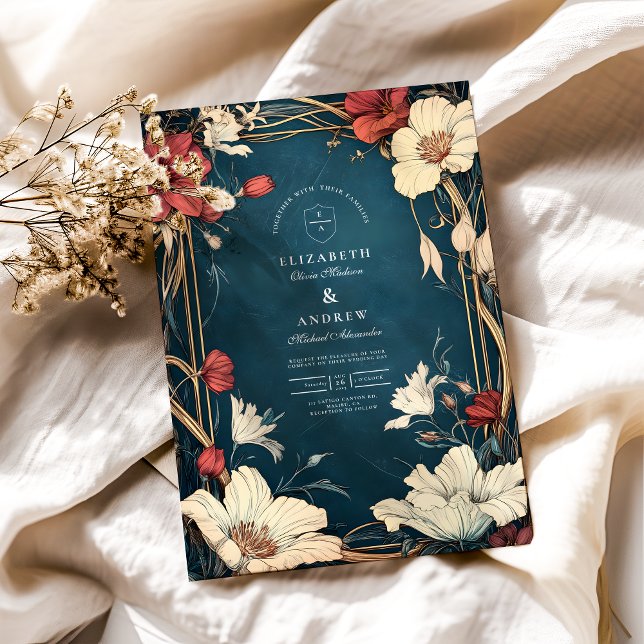 Navy Blue Art Nouveau Wedding Invitation (Creator Uploaded)