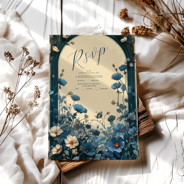 Navy Blue Art Nouveau Wedding RSVP Card (Creator Uploaded)