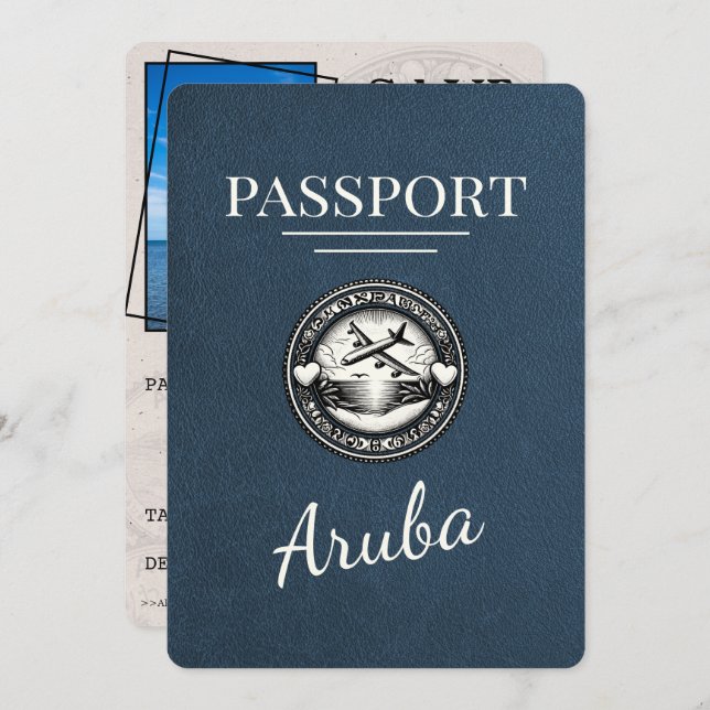 Navy Blue Aruba Passport Save The Date (Front/Back)