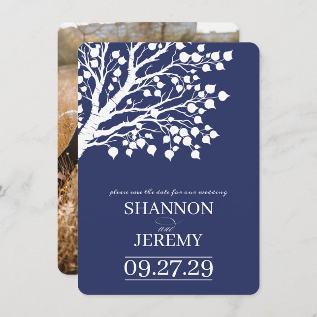 Navy Blue Aspen Tree Wedding Save The Date (Front/Back)