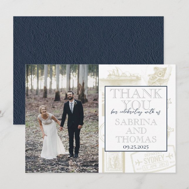 Navy Blue Australia Wedding Photo Thank You Card (Front/Back)