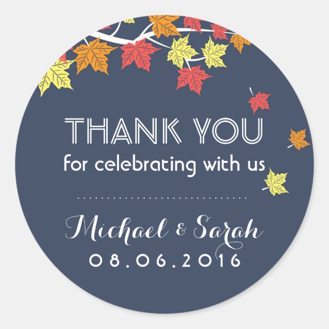 Navy Blue Autumn Maple Leaves Thank You Sticker (Front)