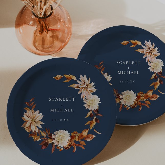 Navy Blue Autumn Wedding Paper Plate (Navy Blue Autumn Floral Wedding Paper Plates by Painted Paperie
)