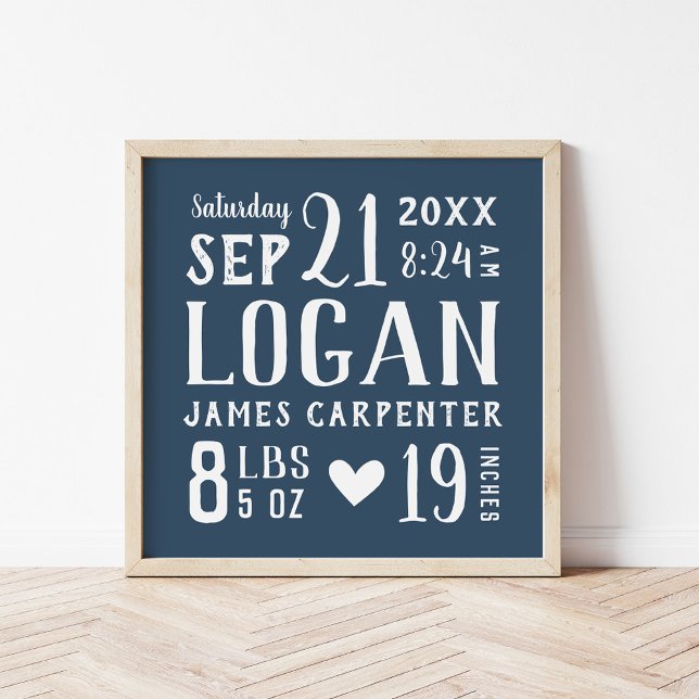 Navy Blue Baby Boy Birth Stats Keepsake Poster (Creator Uploaded)