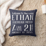 Navy Blue Baby Boy Nursery Birth Stats Pillow<br><div class="desc">Navy blue and white birth stat pillow for your baby boy's nursery. The front side of the pillow in blue and white typography design, customise with his name, weight, length and date of birth. The backside of the pillow is coordinating solid navy blue. This pillow colour can be changed to...</div>
