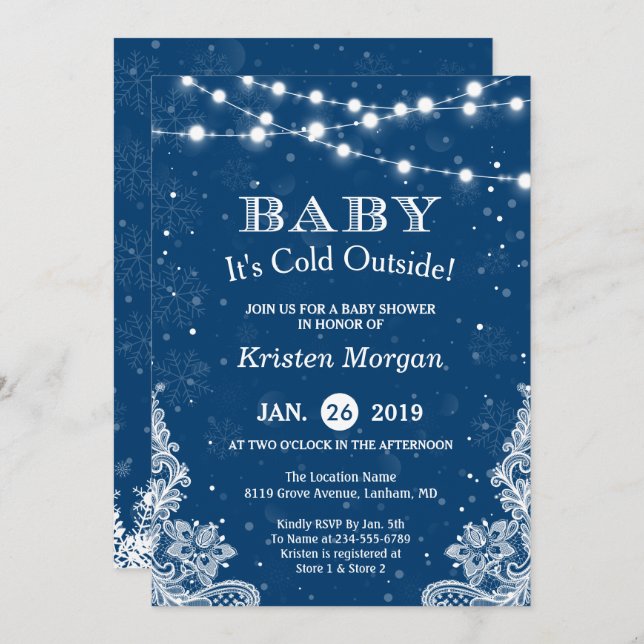 Navy Blue Baby Its Cold Outside Winter Baby Shower Invitation (Front/Back)
