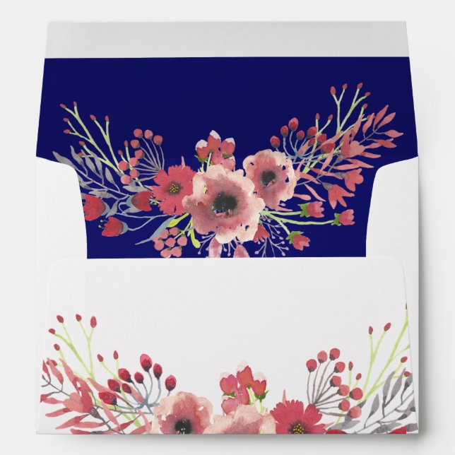 Navy Blue Background Coral Peony Floral Envelope (Back (Bottom))