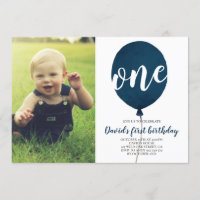 Navy Blue Balloon Boy First Birthday with Photo