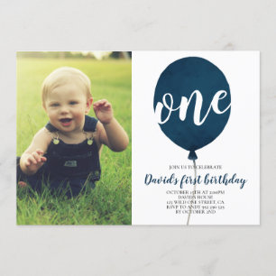 Navy Blue Balloon Boy First Birthday with Photo Invitation