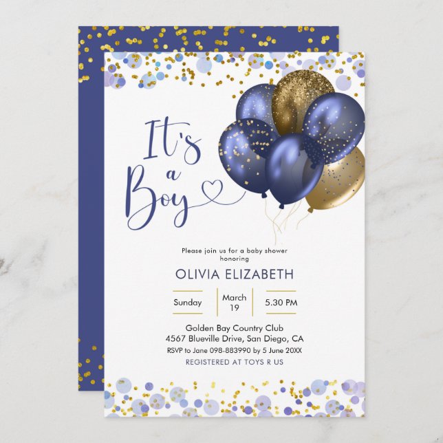 Navy Blue Balloon It's a Boy Baby Shower Invitation (Front/Back)