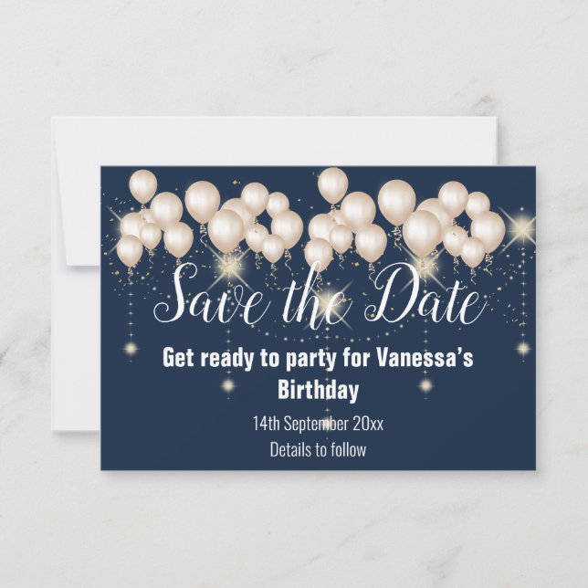 Navy Blue Balloon Sparkle Save the Date Card (Front)