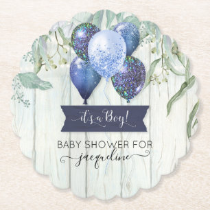 Navy Blue Balloon Wood Rustic Baby Boy Shower Paper Coaster