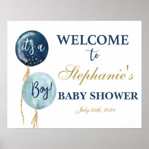 Navy blue balloons baby shower boy welcome sign