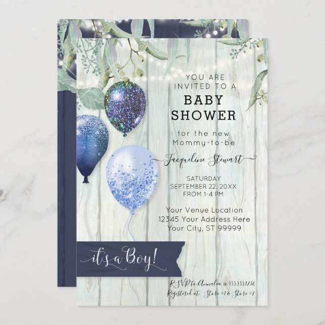 Navy Blue Balloons Rustic Wood Boy Baby Shower Invitation (Front/Back)