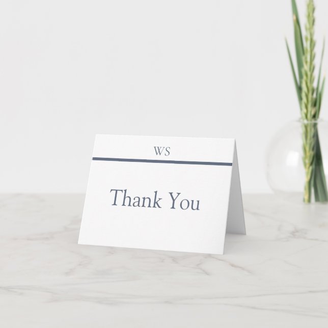 Navy Blue Bar Monogram Folded Thank You Card (Front)