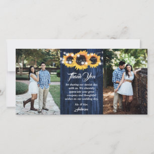 Navy Blue Barn Wood Lights Sunflower Photo Wedding Thank You Card