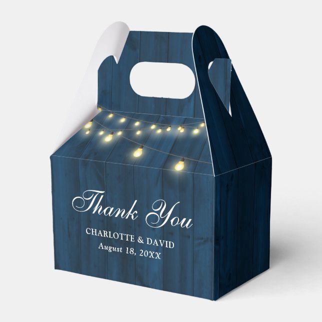Navy Blue Barn Wood String Lights Wedding Favour Box (Front Side)