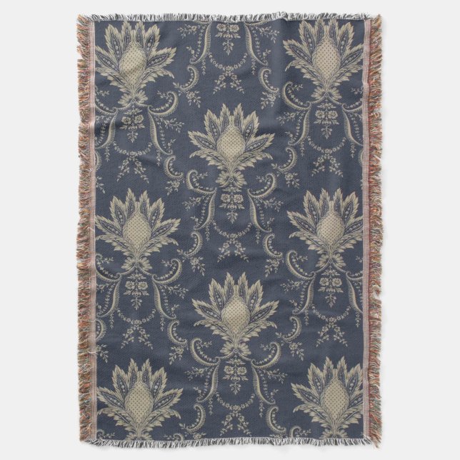 Navy blue Baroque French pineapple fabric Throw Blanket (Front Vertical)