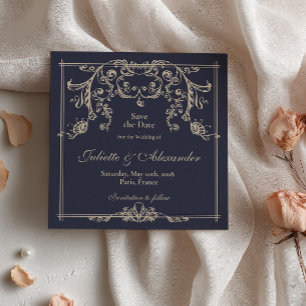 Navy Blue Baroque Save the Date Card