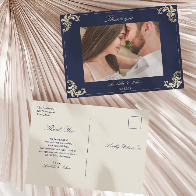 Navy Blue Baroque Wedding Thank You Postcard (Creator Uploaded)