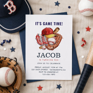 Navy Blue Baseball Kids Birthday Party Watercolor Invitation