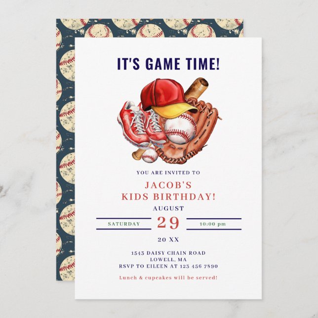 Navy Blue Baseball Kids Birthday Party Watercolor Invitation (Front/Back)