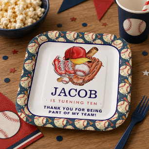 Navy Blue Baseball Kids Birthday Party Watercolor Paper Plate