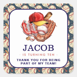 Navy Blue Baseball Kids Birthday Party Watercolor  Square Sticker