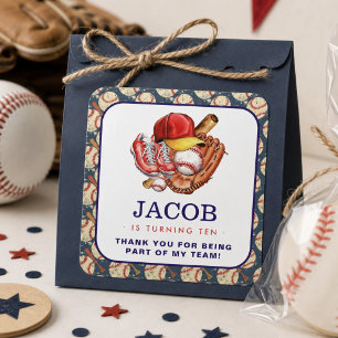Navy Blue Baseball Kids Birthday Party Watercolor Square Sticker