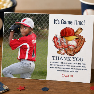 Navy Blue Baseball Kids Birthday Party Watercolor Thank You Card