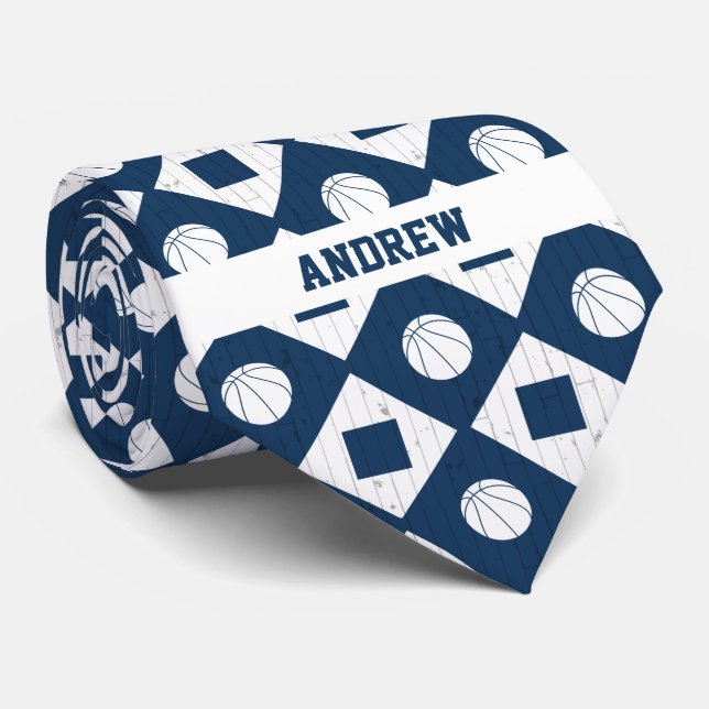Navy Blue Basketball Wood Floor Argyle Pattern Tie (Rolled)