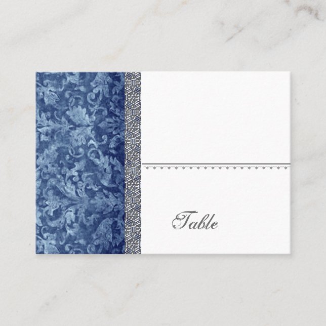 Navy Blue Batik Feeling  Damask Table Place Card (Front)
