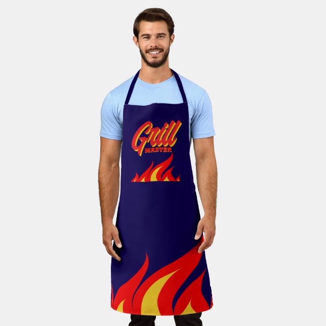 Navy blue BBQ apron with red hot fire flames (Worn)