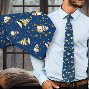 Navy Blue Beach Christmas Snowman Pattern neck tie