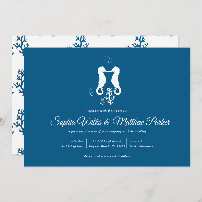 Navy Blue Beach Coral and Seahorse Wedding Invitation (Front/Back)